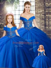 Inexpensive Royal Blue Sleeveless Tulle Brush Train Lace Up Sweet 16 Quinceanera Dress for Military Ball and Sweet 16 and Quinceanera
