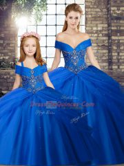 Inexpensive Royal Blue Sleeveless Tulle Brush Train Lace Up Sweet 16 Quinceanera Dress for Military Ball and Sweet 16 and Quinceanera