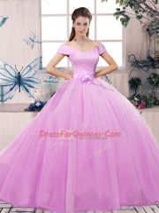 Pretty Floor Length Lace Up Quince Ball Gowns Lilac for Military Ball and Sweet 16 and Quinceanera with Lace and Hand Made Flower