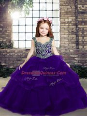 Wonderful Purple Ball Gowns Straps Sleeveless Tulle Floor Length Lace Up Beading Pageant Gowns For Girls