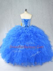 Sexy Blue Sweetheart Lace Up Beading and Ruffles Quinceanera Dress Sleeveless