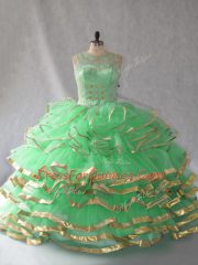 Amazing Beading and Ruffles 15th Birthday Dress Green Lace Up Sleeveless Floor Length
