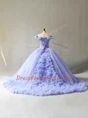 High Quality Off The Shoulder Sleeveless Sweet 16 Quinceanera Dress Court Train Hand Made Flower Lavender Tulle