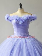 High Quality Off The Shoulder Sleeveless Sweet 16 Quinceanera Dress Court Train Hand Made Flower Lavender Tulle