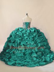 Perfect Sleeveless Beading and Pick Ups Lace Up Quinceanera Gowns with Turquoise Brush Train