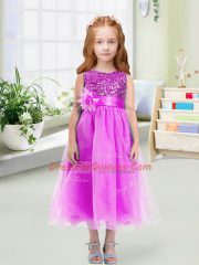 Stunning Lilac Empire Organza Scoop Sleeveless Sequins and Hand Made Flower Tea Length Zipper Flower Girl Dress