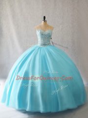 Sophisticated Sleeveless Tulle Floor Length Lace Up 15th Birthday Dress in Aqua Blue with Beading