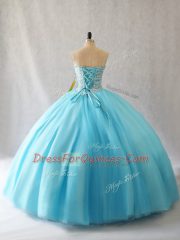 Sophisticated Sleeveless Tulle Floor Length Lace Up 15th Birthday Dress in Aqua Blue with Beading