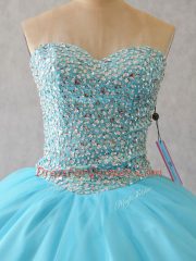 Sophisticated Sleeveless Tulle Floor Length Lace Up 15th Birthday Dress in Aqua Blue with Beading