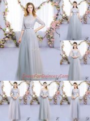 Smart Half Sleeves Floor Length Lace and Belt Zipper Quinceanera Court of Honor Dress with Grey