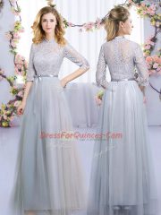 Smart Half Sleeves Floor Length Lace and Belt Zipper Quinceanera Court of Honor Dress with Grey