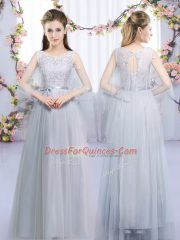 Smart Half Sleeves Floor Length Lace and Belt Zipper Quinceanera Court of Honor Dress with Grey