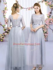 Smart Half Sleeves Floor Length Lace and Belt Zipper Quinceanera Court of Honor Dress with Grey