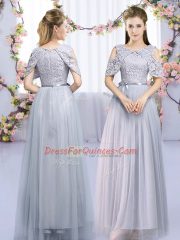 Smart Half Sleeves Floor Length Lace and Belt Zipper Quinceanera Court of Honor Dress with Grey