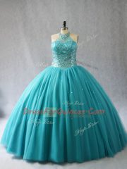 Aqua Blue Halter Top Neckline Beading 15th Birthday Dress Sleeveless Lace Up