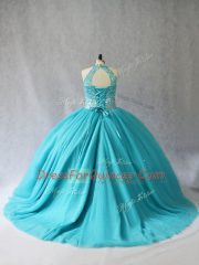 Aqua Blue Halter Top Neckline Beading 15th Birthday Dress Sleeveless Lace Up