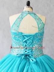 Aqua Blue Halter Top Neckline Beading 15th Birthday Dress Sleeveless Lace Up