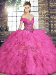 Floor Length Lace Up Sweet 16 Dress Hot Pink for Military Ball and Sweet 16 and Quinceanera with Beading and Ruffles