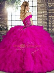 Floor Length Lace Up Sweet 16 Dress Hot Pink for Military Ball and Sweet 16 and Quinceanera with Beading and Ruffles