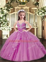 Customized Lilac Straps Neckline Beading and Ruffles Little Girls Pageant Gowns Sleeveless Lace Up