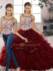 Burgundy Sleeveless Beading and Ruffles Floor Length Quinceanera Dresses