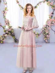 Custom Fit Off The Shoulder Half Sleeves Tulle Dama Dress Lace and Belt Side Zipper