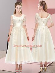 Top Selling Champagne Dama Dress for Quinceanera Wedding Party with Beading and Lace Scoop Short Sleeves Lace Up