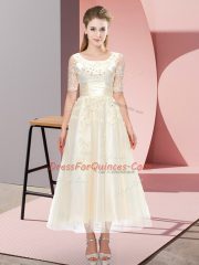 Top Selling Champagne Dama Dress for Quinceanera Wedding Party with Beading and Lace Scoop Short Sleeves Lace Up