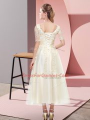 Top Selling Champagne Dama Dress for Quinceanera Wedding Party with Beading and Lace Scoop Short Sleeves Lace Up