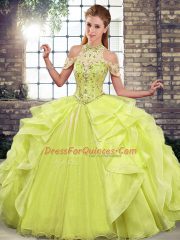 Yellow Green Ball Gowns Beading and Ruffles 15th Birthday Dress Lace Up Organza Sleeveless Floor Length