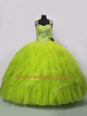 Admirable Floor Length Yellow Green Sweet 16 Quinceanera Dress Tulle Sleeveless Beading and Ruffles