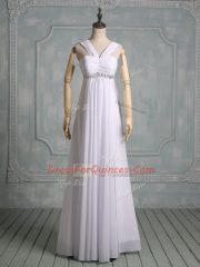 Fashionable White Empire Chiffon Straps Sleeveless Beading and Ruching Floor Length Zipper Evening Dress