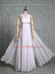 Fashionable White Empire Chiffon Straps Sleeveless Beading and Ruching Floor Length Zipper Evening Dress