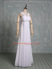 Fashionable White Empire Chiffon Straps Sleeveless Beading and Ruching Floor Length Zipper Evening Dress