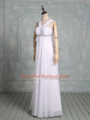 Fashionable White Empire Chiffon Straps Sleeveless Beading and Ruching Floor Length Zipper Evening Dress