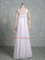 Fashionable White Empire Chiffon Straps Sleeveless Beading and Ruching Floor Length Zipper Evening Dress