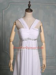 Fashionable White Empire Chiffon Straps Sleeveless Beading and Ruching Floor Length Zipper Evening Dress