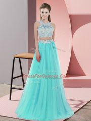 Aqua Blue Halter Top Zipper Lace Dama Dress Sleeveless