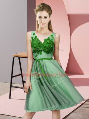 High Quality Sleeveless Tulle Knee Length Lace Up Dama Dress for Quinceanera in Green with Appliques