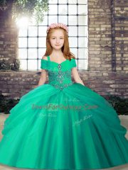 High Class Turquoise Ball Gowns Tulle Straps Sleeveless Beading Floor Length Lace Up Kids Pageant Dress
