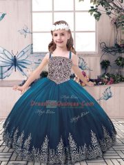 Stylish Tulle Straps Sleeveless Lace Up Beading and Embroidery Girls Pageant Dresses in Teal
