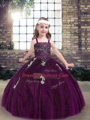 Top Selling Eggplant Purple Sleeveless Floor Length Appliques Lace Up Pageant Gowns For Girls