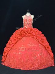 Popular Red Taffeta Lace Up Halter Top Sleeveless Floor Length 15th Birthday Dress Beading and Appliques and Embroidery