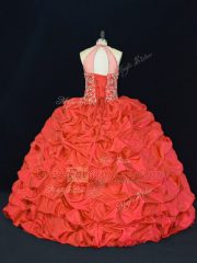 Popular Red Taffeta Lace Up Halter Top Sleeveless Floor Length 15th Birthday Dress Beading and Appliques and Embroidery