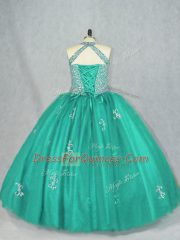 Turquoise Halter Top Neckline Beading and Appliques Sweet 16 Dress Sleeveless Lace Up