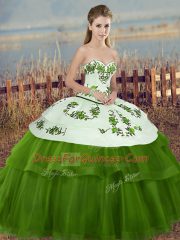 Deluxe Sweetheart Sleeveless Sweet 16 Dress Floor Length Embroidery and Bowknot Green Tulle