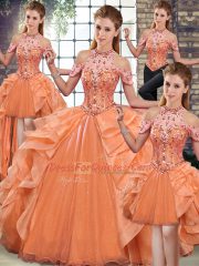 Modern Orange Lace Up Halter Top Beading and Ruffles Ball Gown Prom Dress Organza Sleeveless