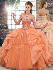 Modern Orange Lace Up Halter Top Beading and Ruffles Ball Gown Prom Dress Organza Sleeveless