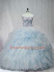 Beading and Ruffles Quinceanera Gowns Light Blue Lace Up Sleeveless Brush Train