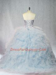 Beading and Ruffles Quinceanera Gowns Light Blue Lace Up Sleeveless Brush Train